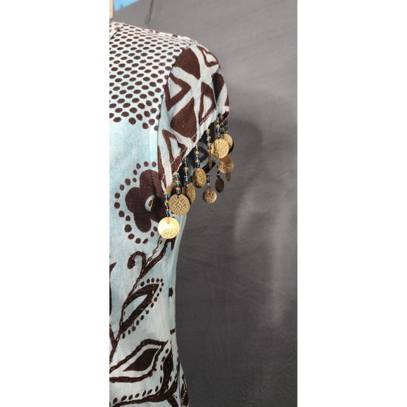 Soft Surroundings Short Sleeve Blue Brown Floral Print Dangling Embellishment XS - Picture 3 of 11
